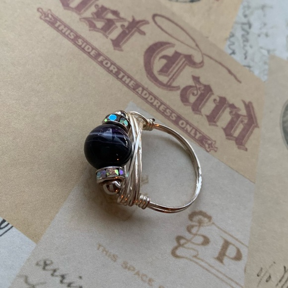 Silver Wire Wrapped Deep Purple White Swirl Rhinestone Fidget Ring jewelry - Picture 7 of 11